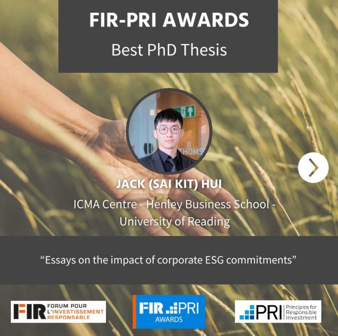 PhD Student Jack Hui won the 2025 FIR-PRI "Finance & Sustainability" Best PhD Thesis Award